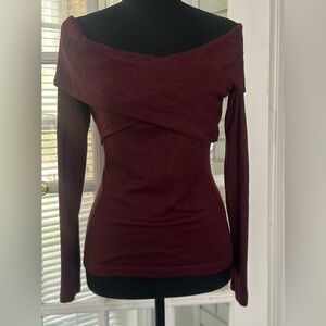 Abercrombie & Fitch L Women "Cozy Soft" Off-the-Shoulder Wrap Top in a burgundy